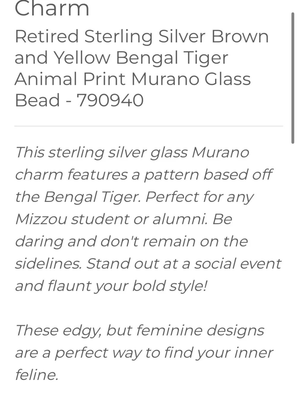 Pandora Bengal Tiger Murano Charm